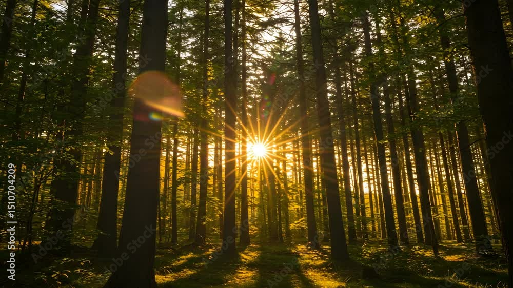 Aufkleber sunlight streaming through forest trees creating golden light and atmospheric shadows