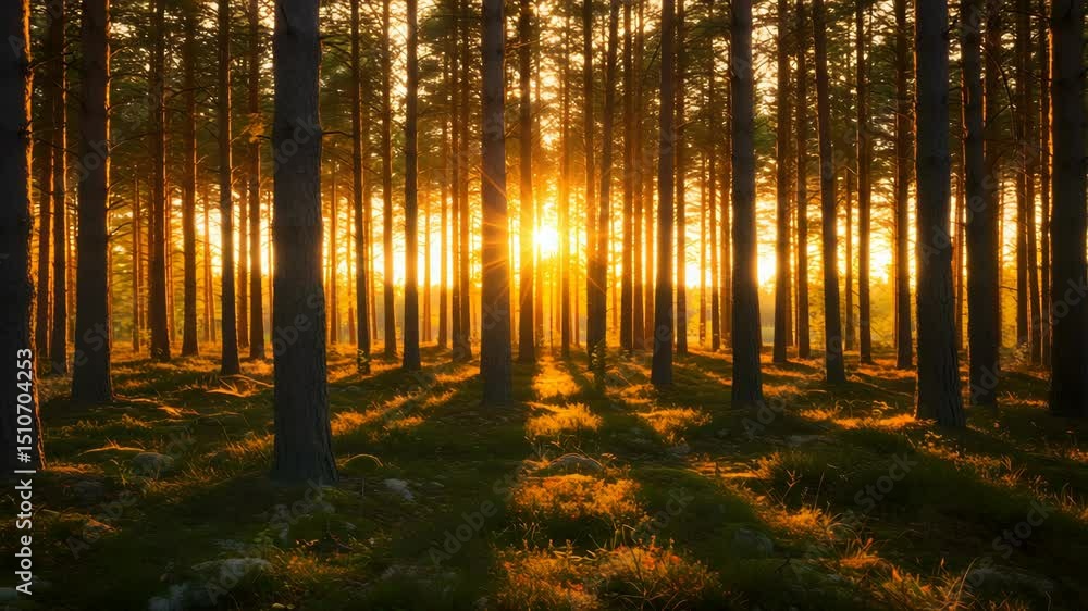 Poster sunlit forest interior with golden rays filtering through tall trees during daytime
