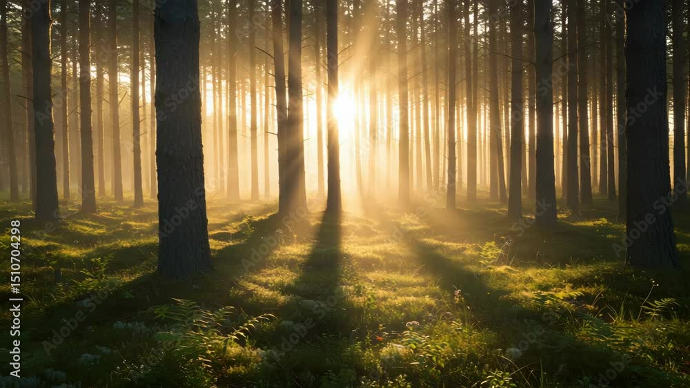 Poster sunlit forest scene with golden light and tree shadows creating serene landscape