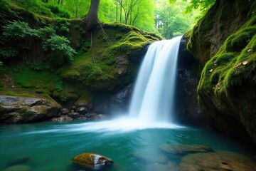 Serene waterfall cascading over mossy rocks, creating a tranquil and peaceful atmosphere perfect for relaxation and meditation The gentle mist adds to the calming ambiance , cascading, water