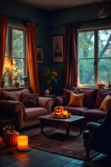 Obraz premium Spooky Halloween decorations adorn a living room, featuring a spiderweb, pumpkins, and ghostly figures Perfect for autumnal and Halloween-themed projects , decorations, halloween party