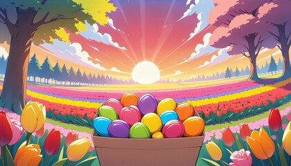 Sunrise Tulip Field with Rustic Gift Box of Multicolored Heart-Shaped Candies in a Dutch Countryside Spring Landscape