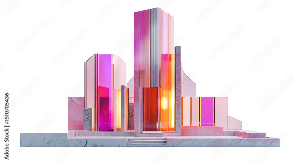 Poster memphis colorful skyscraper architecture isolated on transparent background. png
