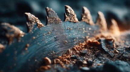 Macro shot of a saw blade with visible teeth and wood shavings scattered across the surface, highlighting the fine details of the cutting edge and debris.