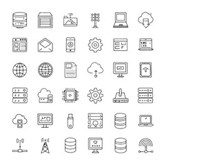 Fototapeta premium Collection of IT-themed line icons – large set of flat design UI elements in thin outlines, vector format EPS10