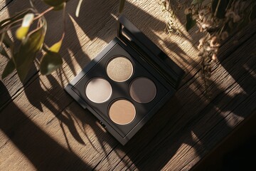 Neutral toned eyeshadows in palette, top view on wooden surface