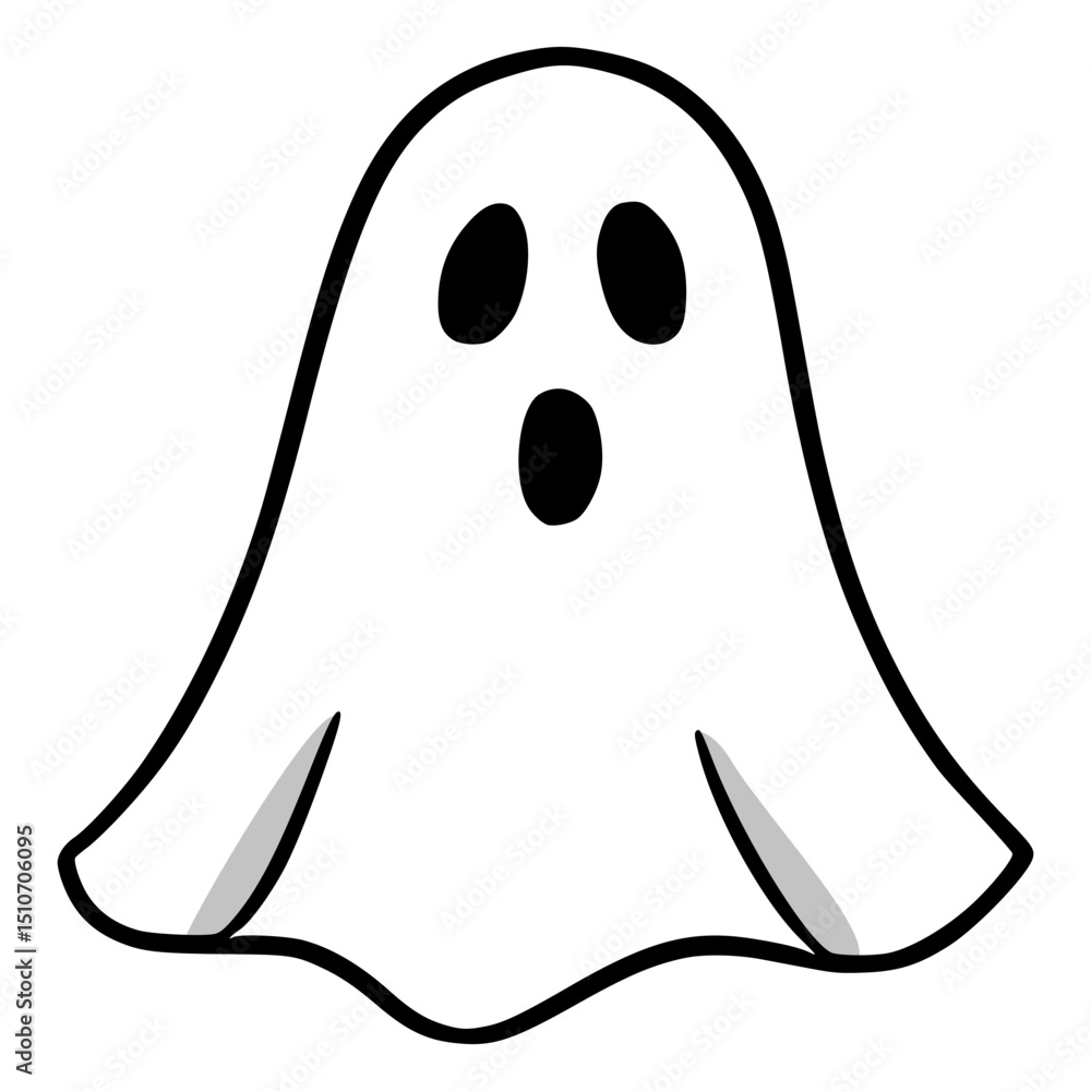 Poster a playful vector illustration of a cartoon ghost with a surprised expression, featuring a bold black