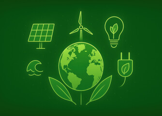Eco friendly illustration featuring Earth surrounded by renewable energy symbols like solar panel, wind turbine, and green plug, promoting sustainability and clean energy