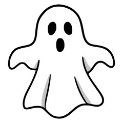Vector illustration of a cute cartoon ghost with a surprised expression, featuring bold black outlines and subtle gray shading, perfect for Halloween designs.