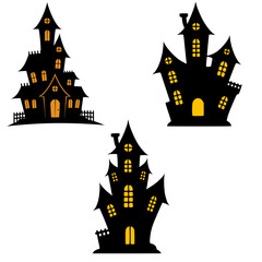 A vector illustration featuring three unique Halloween haunted house silhouettes, each with distinct architectural details and glowing windows, perfect for spooky season designs.
