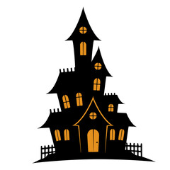 Spooky Halloween Vector Illustration of a Haunted House with Orange Windows and a Small Fence, Isolated on White Background.