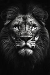 Fototapeta premium Majestic black and white lion with a voluminous mane, gazing intensely towards the camera, exuding power and grace in its regal stance.