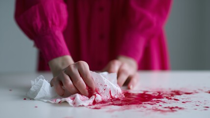 A person's hands wiping a vibrant red liquid spill on a white surface using tissue paper, emphasizing cleaning activity.