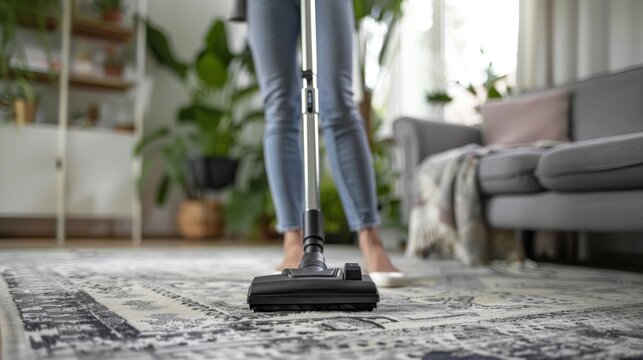 Housewife vacuuming carpet in contemporary living room, emphasizing domestic chores and cleanliness