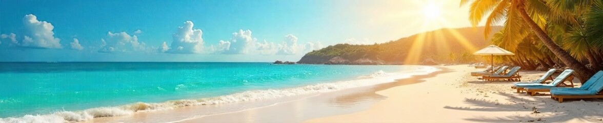 Fototapeta premium Sun-drenched beach scene with vibrant summer colors Perfect for travel, vacation, and summer-themed projects Enjoy the idyllic coastal landscape and warm, inviting atmosphere , golden, warmth