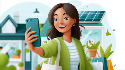 Lächelnde Frau hält Smartphone vor modernem Öko-Haus mit Solarpanels und Garten