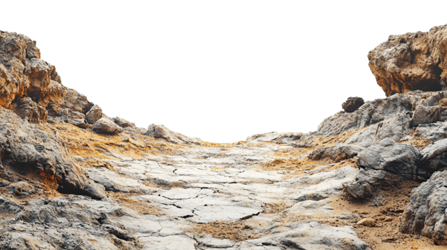 A vast barren rocky area stretches across the transparent. PNG