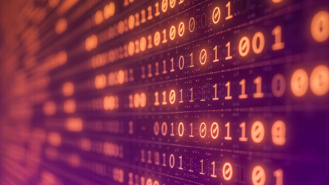 Glowing Binary Code on Dark Background with Purple and Orange Hues in Abstract Digital Design