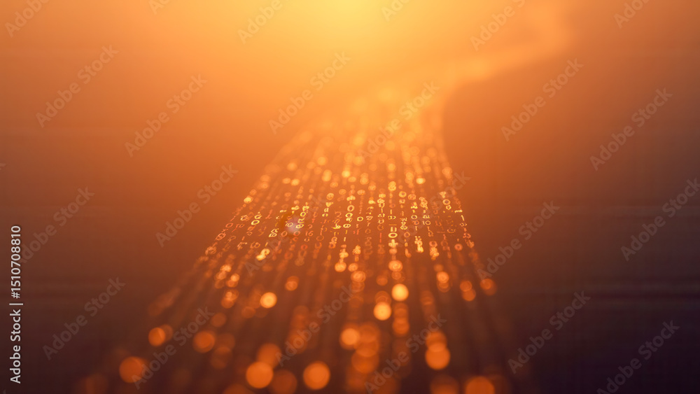 Poster abstract digital pathway of light in warm tones depicting data flow and technology concepts
