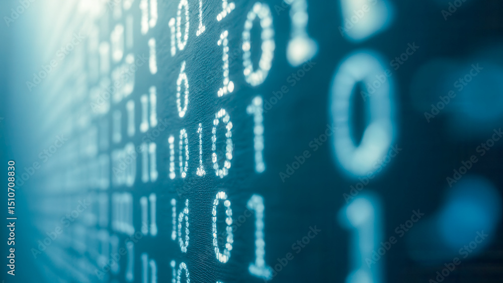 Poster abstract digital data stream with binary code in blue and light background