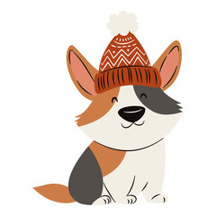 Flat vector illustration in a simple childish style. Cute corgi in winter hat on white background. Vector illustration