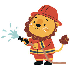 Flat vector illustration in a simple childish style. Cute lion in fireman suit putting out fire on white background. Vector illustration