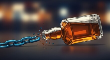 A bottle shatters after breaking free from a chain, symbolizing the fight against addiction