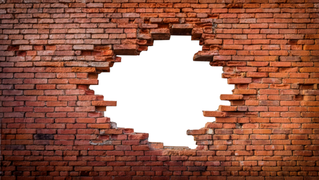 brick wall with bricks removed to create a hole. The hole is transparent