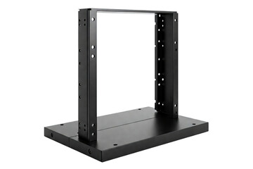 Black metal two-post equipment mounting rack isolated on a transparent background
