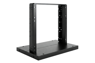 Black metal two-post equipment mounting rack isolated on a transparent background
