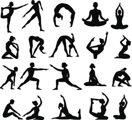 Silhouettes of people doing yoga and fitness poses in artistic black vector style