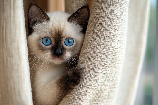 Cat with blue eyes peeking from behind a curtain.
