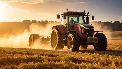 Obraz premium Tractor plowing a field at sunset, creating dust clouds in the air amidst a rural landscape
