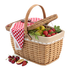 Summertime Delight A wicker picnic basket brimming with ripe strawberries, cherries, and a juicy orange slice, ready for a delightful outdoor adventure.