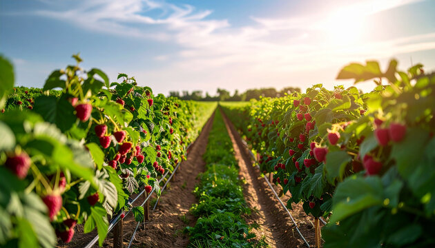 Top View of Lush Raspberry Field – Organic Farming and Fruit Harvest Perfect for Adobe Stock Contributor

