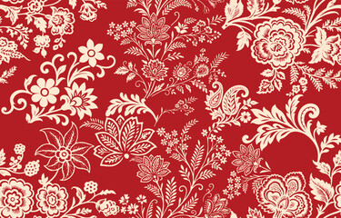 floral pattern vintage ethnic modern embroidery texture boho design vector illustration hand drawn pink flower motif branches leaves wallpaper seamless background border. © Thitichot