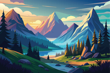 Majestic mountain landscape, tranquil lake, sunrise scene
