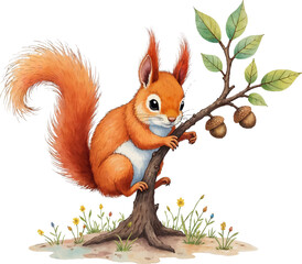 Squirrel decorating tree with acorns in watercolor style illustration, showcasing earthy colors and natural beauty, kids illustration