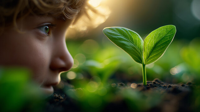 Kind betrachtet kleinen grünen Pflanzensetzling im Boden bei warmem Sonnenlicht