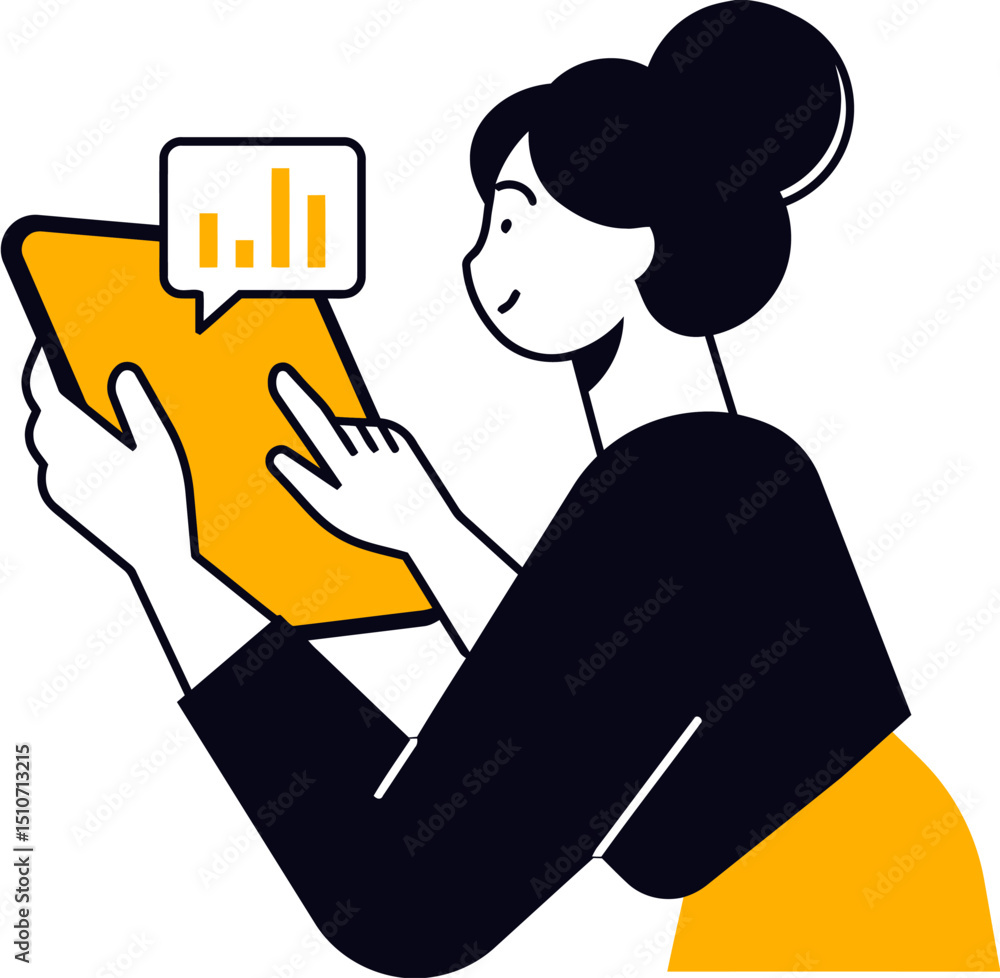 Poster woman using tablet for data analysis and business intelligence dashboard with charts and graphs vect