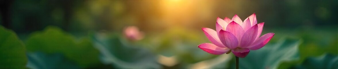 A single lotus flower in bloom, sunlight gently illuminating its petals, symbolizes hope and serenity during meditation , buddhism, hope, sunset