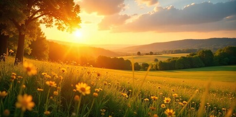 Obraz premium Golden hour sunlight bathes a serene landscape, evoking feelings of warmth, tranquility, and carefree summer days Perfect for travel, vacation, or relaxation themes , calm, landscape, relaxation