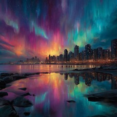 Northern lights in vivid colors illuminate the night sky over a contemporary cityscape, with the glowing skyline reflected in the calm waterfront.