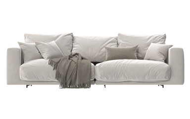 cozy white pillow sofa with blanket front view isolated.
