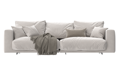 cozy white pillow sofa with blanket front view isolated.