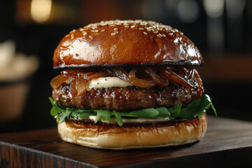 Juicy hamburger with melted cheese and thick meat patty on rustic wooden table.