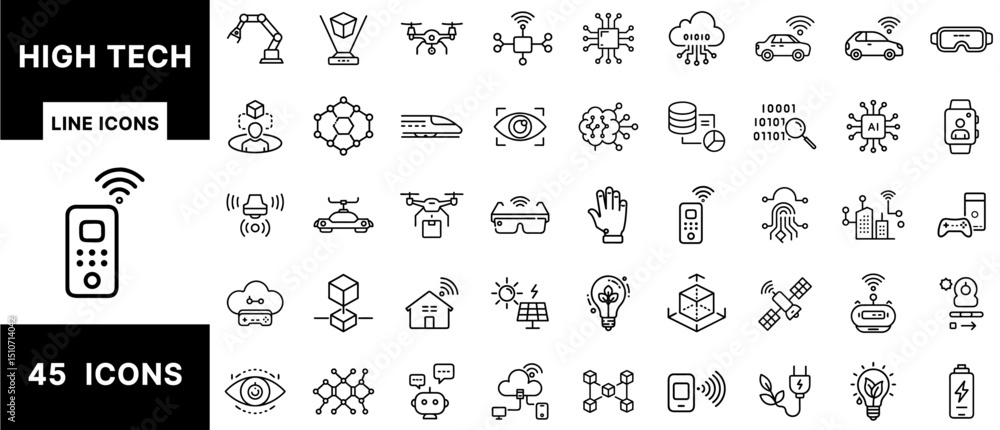 Aufkleber High Tech Line Icons Set Featuring AI, Robotics, Blockchain, Drones, Smart Sensors, Cloud Computing, Virtual Reality, AR, IoT, Smart Cities, and Wearable Devices