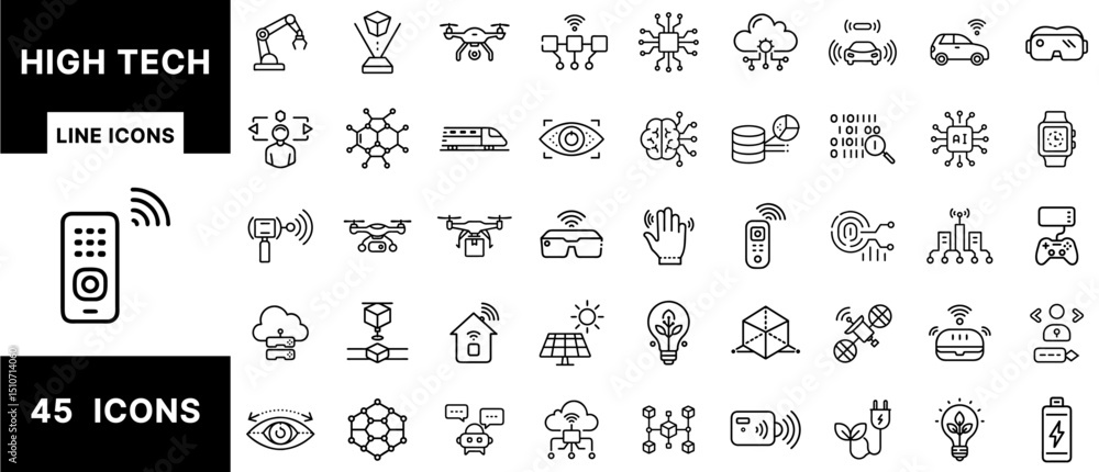 Poster High Tech Line Icons Set Featuring AI, Robotics, Blockchain, Drones, Smart Sensors, Cloud Computing, Virtual Reality, AR, IoT, Smart Cities, and Wearable Devices