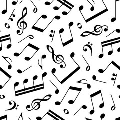 Seamless Pattern Design of Various Black Musical Note Symbols, Including Clef, Quarter Notes, and Eighth Notes