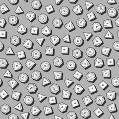 Monochrome Seamless Pattern of D4, D6, D8, D10, D12, and D20 Dice for Board Games in Sketch Style